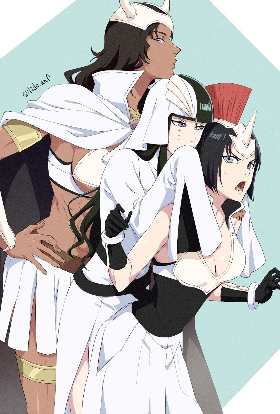 3girls, abs, aqua_eyes, armlet, arrancar, asymmetrical_breasts, black_gloves, black_hair, bleach, bleach:_sennen_kessen-hen, blue_eyes, breasts, brown_eyes, cleavage, commentary_request, cuffs, cyan_sung-sun, dark-skinned_female, dark_skin, dress, emilou_apacci, facial_tattoo, fake_horns, franceska_mila_rose, gloves, hand_on_own_hip, height_difference, heterochromia, highres, horned_headwear, horns, jewelry, large_breasts, leaning_on_person, lido_an0, long_hair, medium_breasts, miniskirt, multiple_girls, official_alternate_costume, open_mouth, pleated_skirt, purple_eyes, shackles, side_slit, skirt, sleeves_past_fingers, sleeves_past_wrists, tall_female, tattoo, toned, toned_female, twitter_username, underboob, white_dress