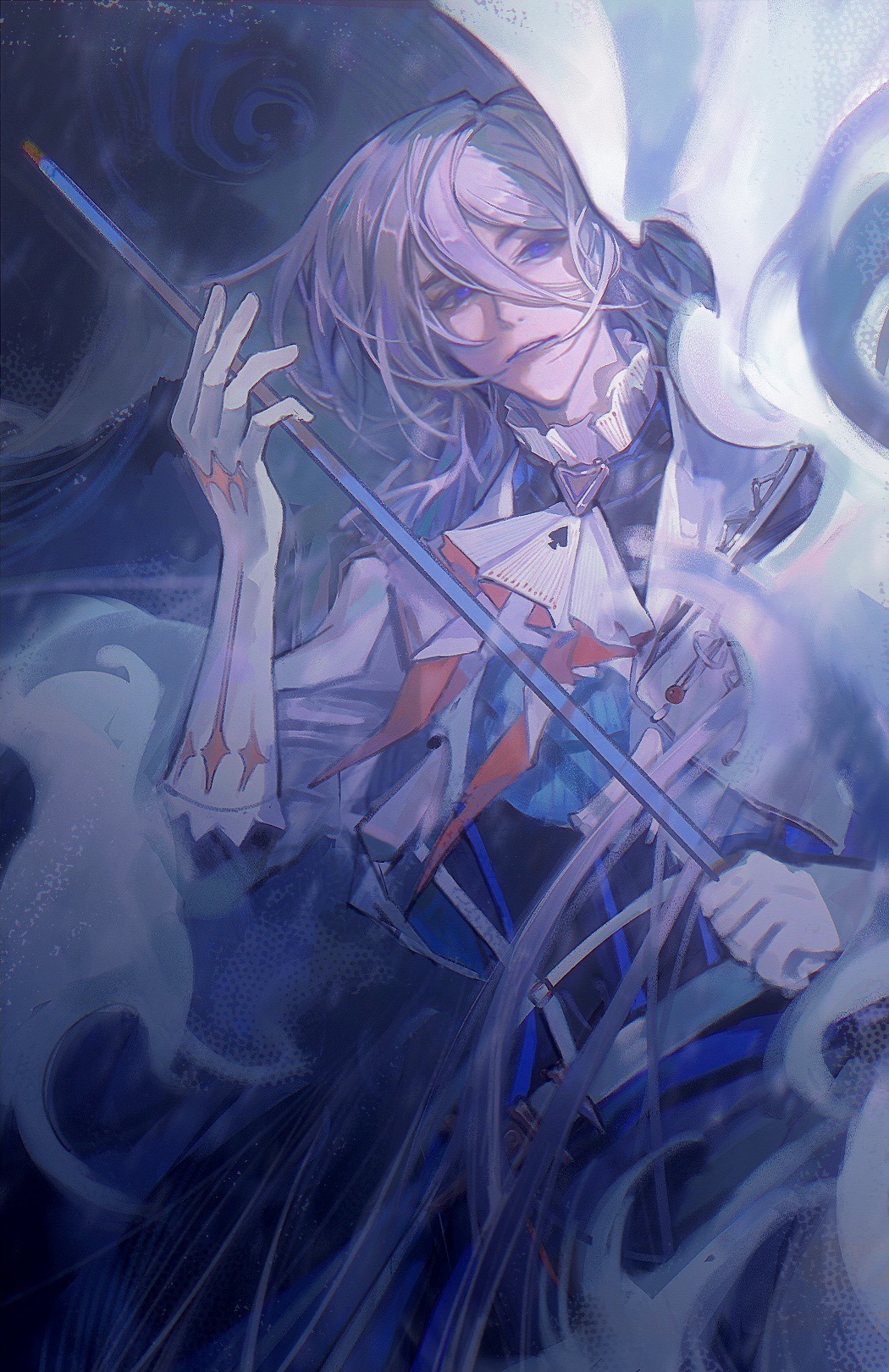 1boy, 2195305919, ascot, belt, black_shirt, blood, bloody_weapon, blue_dress