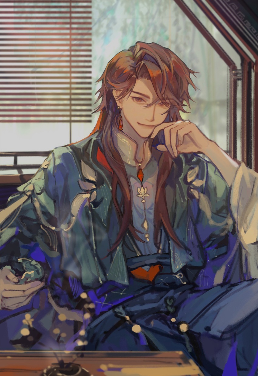 1boy, 2195305919, aqua_coat, bamboo_screen, blue_robe, blue_sash, blurry, blurry_background