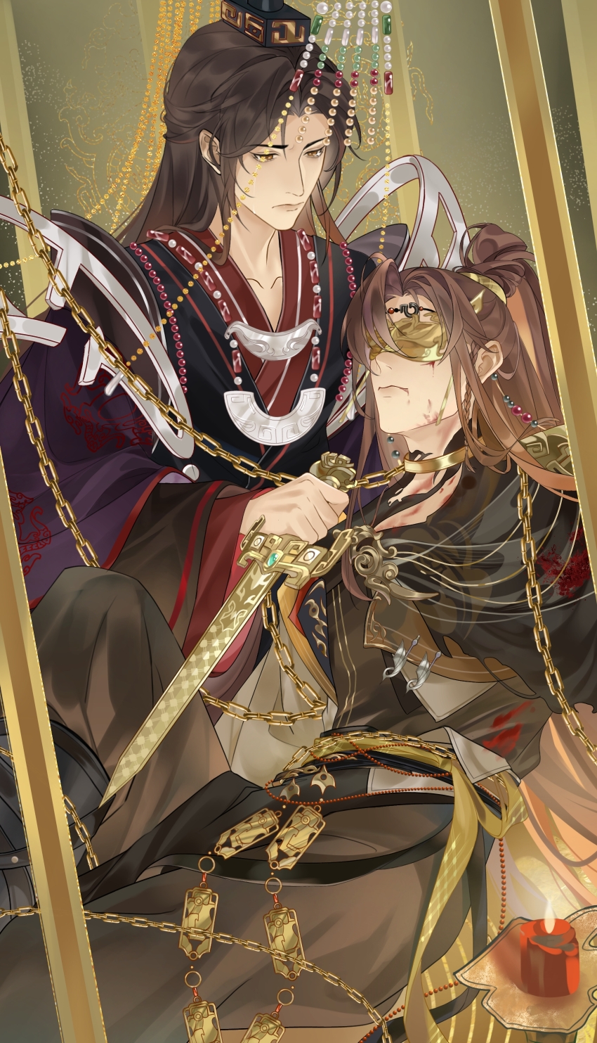 2boys, absurdres, belt, black_boots, black_hanfu, black_robe, blindfold_mask, blood