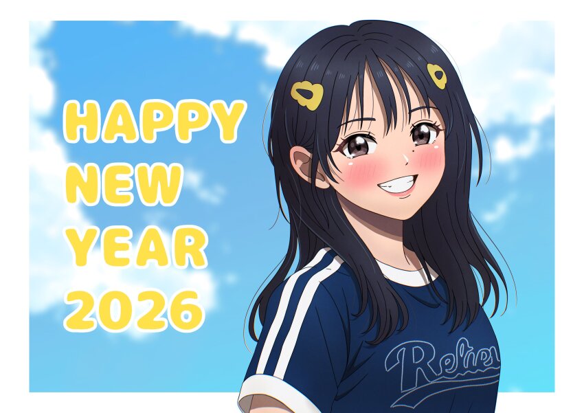 1girl, 2026, absurdres, black_hair, border, breasts, brown_eyes, clenched_teeth