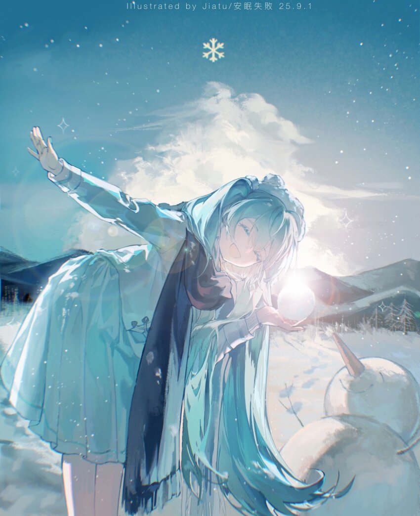 1girl, ^_^, aqua_hair, artist_name, backlighting, bloom, closed_eyes, cloud