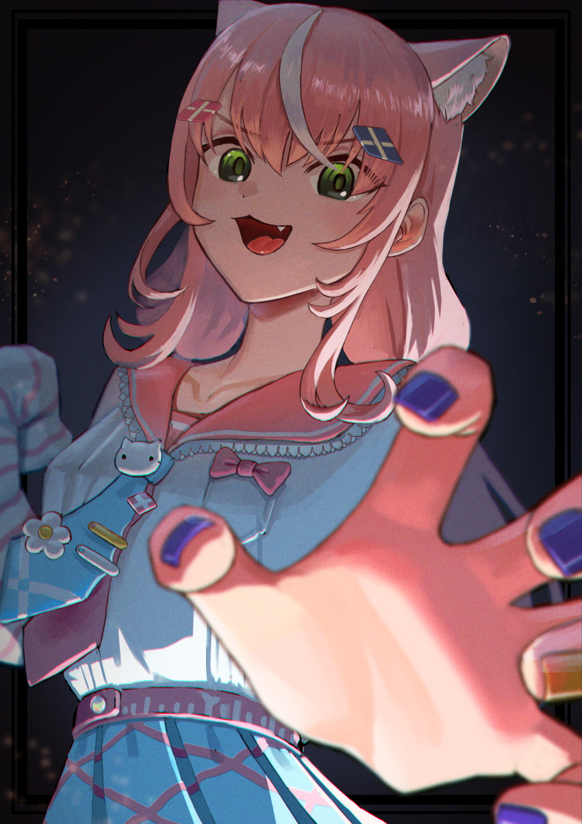 1girl, :3, absurdres, claw_pose, collarbone, commentary_request, fang, foreshortening