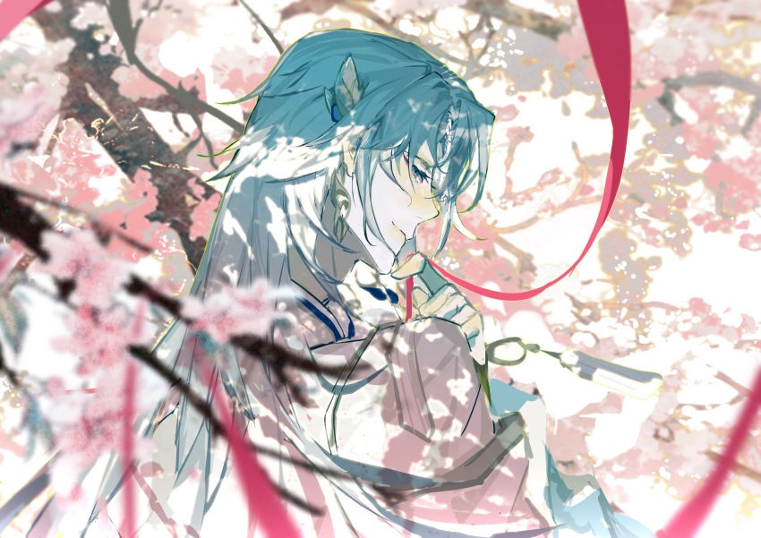 1boy, absurdres, blue_eyes, blurry, cherry_blossoms, chinese_clothes, chinese_commentary, closed_mouth, commentary_request, curtained_hair, dappled_sunlight, depth_of_field, earrings, eyeliner, facial_mark, flower, forehead_mark, from_behind, hair_ornament, hand_to_own_mouth, hand_up, hanfu, highres, holding, holding_ribbon, hua_yi_shanxin_zhiyue, jewelry, leaf_hair_ornament, ling_xi, long_hair, long_sleeves, looking_at_viewer, looking_back, makeup, male_focus, parted_bangs, pink_flower, pink_ribbon, portrait, profile, red_eyeliner, ribbon, robe, sideways_glance, smile, solo, sumidainxin, sunlight, tree, white_hair, white_hanfu, white_robe