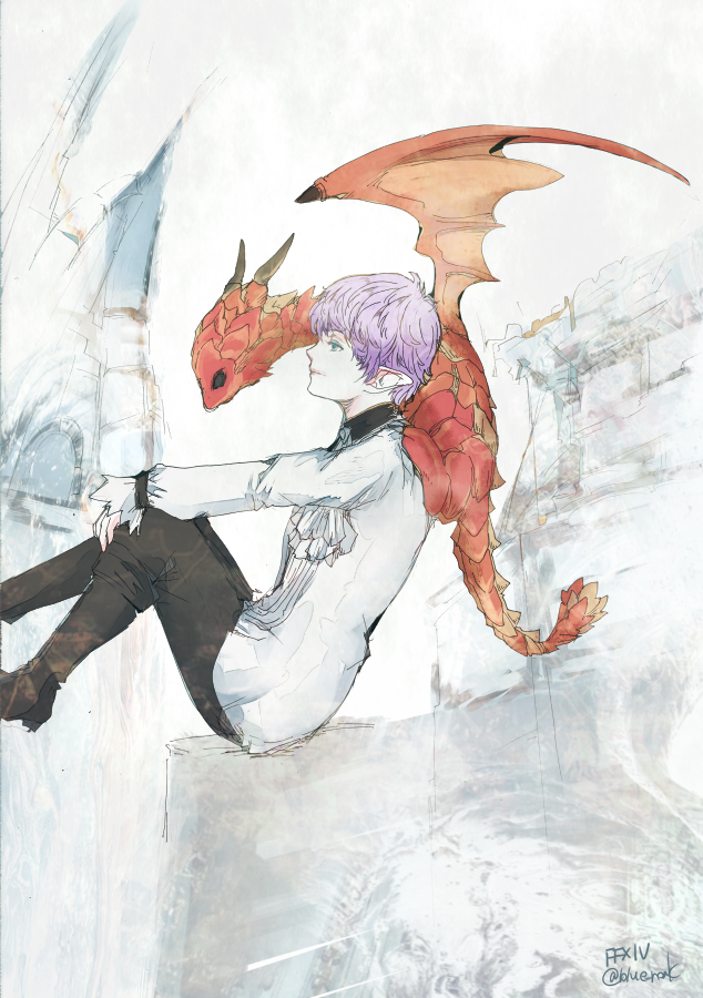 1boy, ascot, black_pants, blue_eyes, blush, commentary, copyright_name, dragon