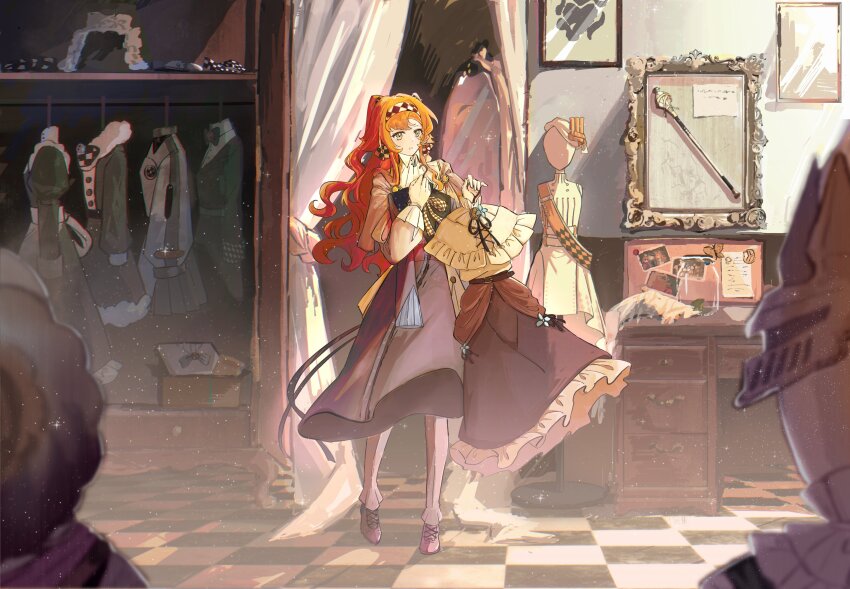 1girl, 7nosuke, :o, absurdres, checkered_floor, checkered_hairband, clothes_in_front, clothes_rack