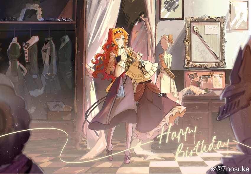 1girl, 7nosuke, :o, absurdres, checkered_floor, checkered_hairband, chinese_commentary, clothes_in_front