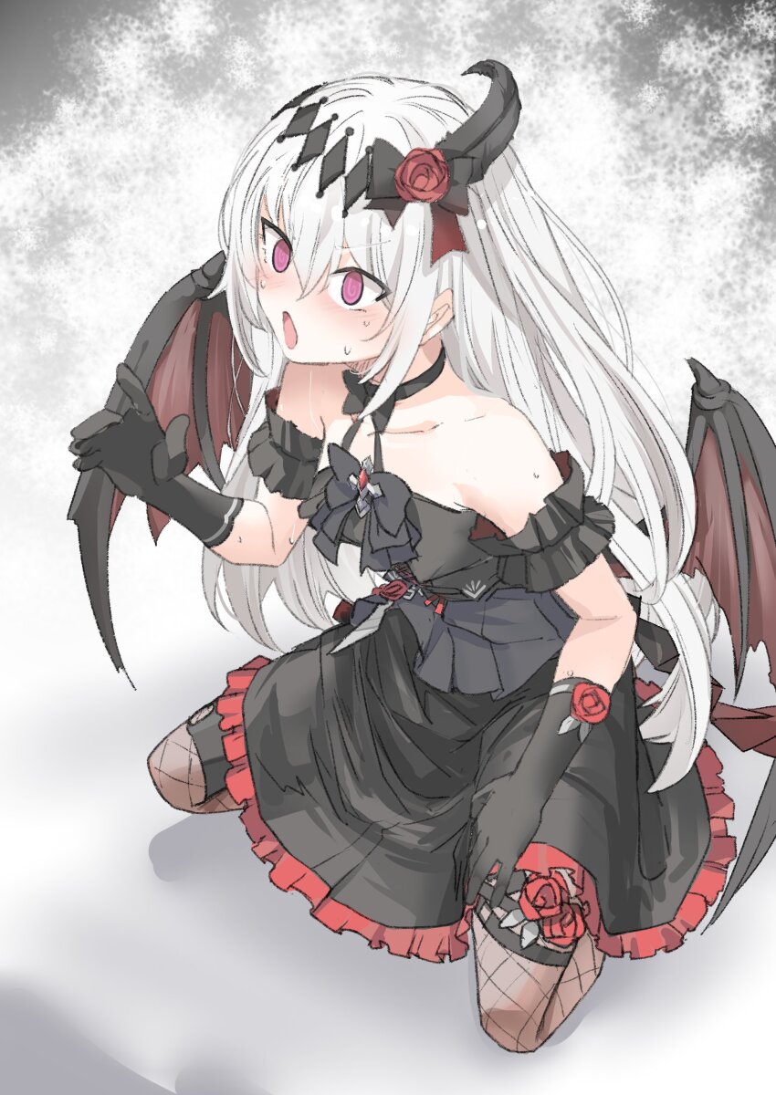 1girl, @_@, absurdres, bare_shoulders, bat_wings, black_bow, black_bowtie, black_dress, black_gloves, blush, bow, bowtie, collarbone, commentary_request, commission, dress, fishnet_pantyhose, fishnets, flower, gloves, hair_flower, hair_ornament, highres, kneeling, long_hair, mare_(ac8231), nakatasio, off-shoulder_dress, off_shoulder, open_mouth, original, pantyhose, red_eyes, red_flower, red_rose, rose, second-party_source, skeb_commission, sweat, white_hair, wings