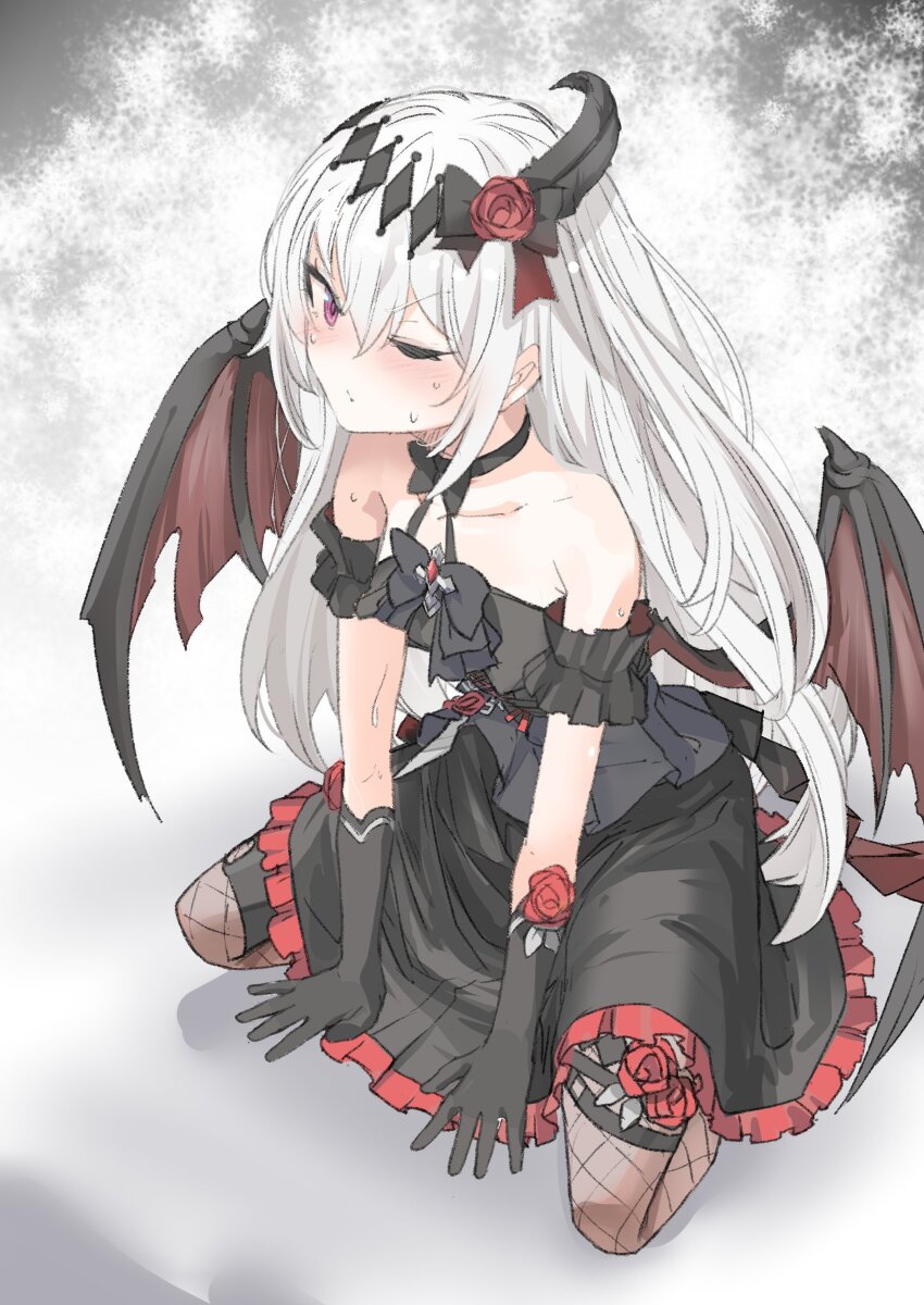 1girl, absurdres, ac8231, bare_shoulders, bat_wings, black_bow, black_bowtie, black_dress