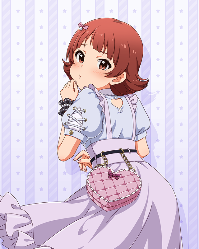 1girl, blush, bow, brown_eyes, brown_hair, commentary_request, from_behind, game_cg