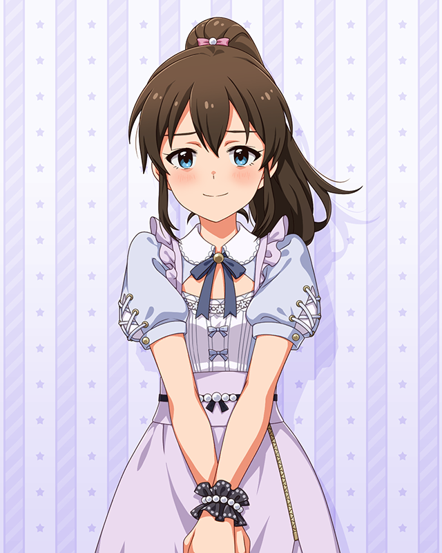 1girl, blue_eyes, blush, breasts, closed_mouth, commentary_request, game_cg, idolmaster