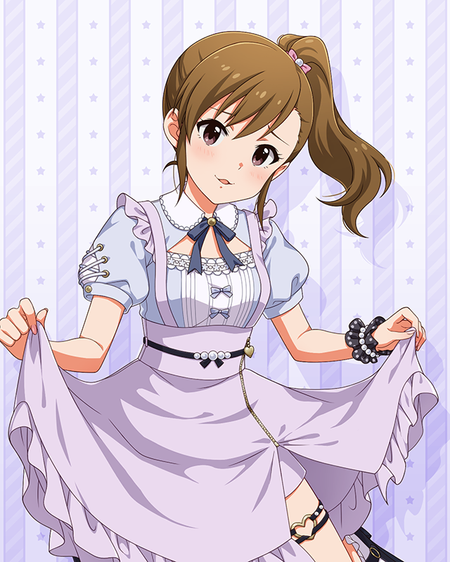 1girl, brown_hair, commentary_request, cowboy_shot, futami_mami, game_cg, heart, heart_o-ring