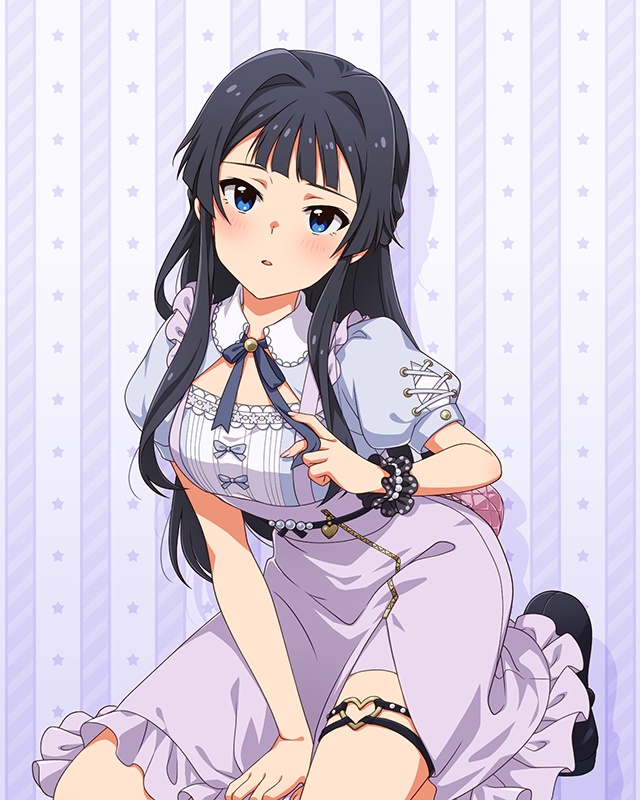 1girl, black_hair, blue_eyes, blush, breasts, commentary_request, drop_shadow, game_cg, hair_intakes, heart, heart_o-ring, idolmaster, idolmaster_million_live!, idolmaster_million_live!_theater_days, kneeling, long_hair, looking_at_viewer, mogami_shizuka, o-ring, o-ring_thigh_strap, official_alternate_costume, official_art, parted_lips, puffy_short_sleeves, puffy_sleeves, pure_mine_lady_(idolmaster), purple_skirt, short_sleeves, skirt, solo, thigh_strap, third-party_source