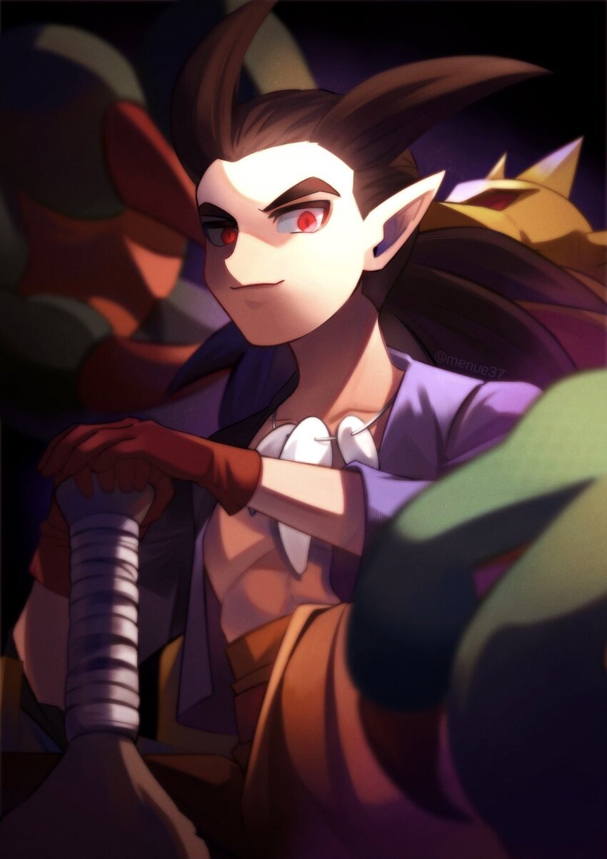 1boy, bare_pectorals, black_hair, blurry, blurry_background, closed_mouth, collarbone, dragon_quest
