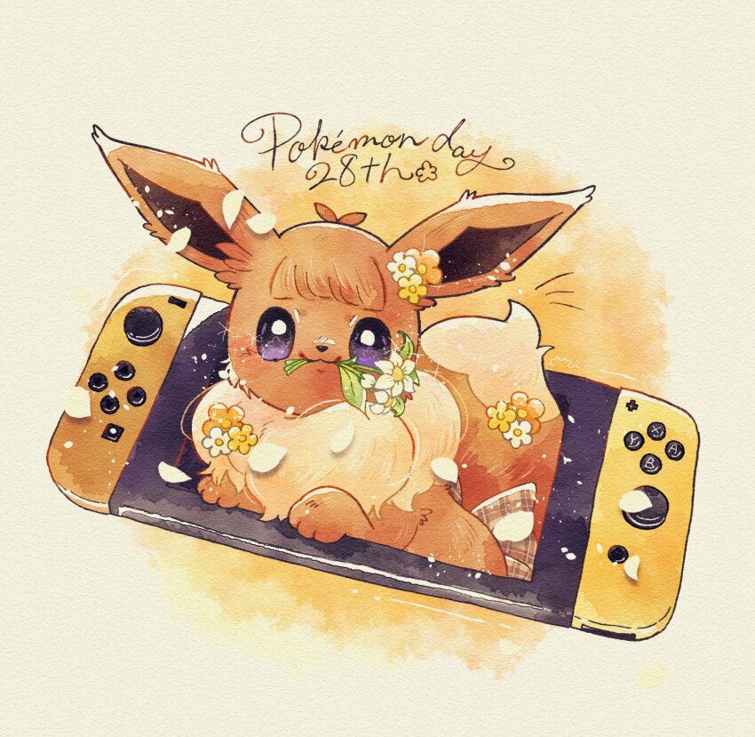 :3, animal_focus, blunt_bangs, brown_fur, closed_mouth, commentary_request, eevee, flower