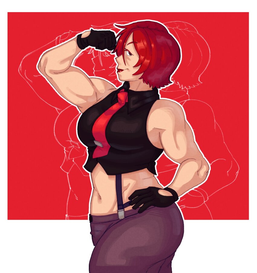 1girl, 1shermieaday, breasts, female_focus, formal_clothes, gloves, hand_up, huge_breasts, large_breasts, marellartt, pale_skin, red_eyes, red_hair, shirt, short_hair, standing, suspenders, the_king_of_fighters, thick_thighs, thighs, vanessa_(kof), wide_hips