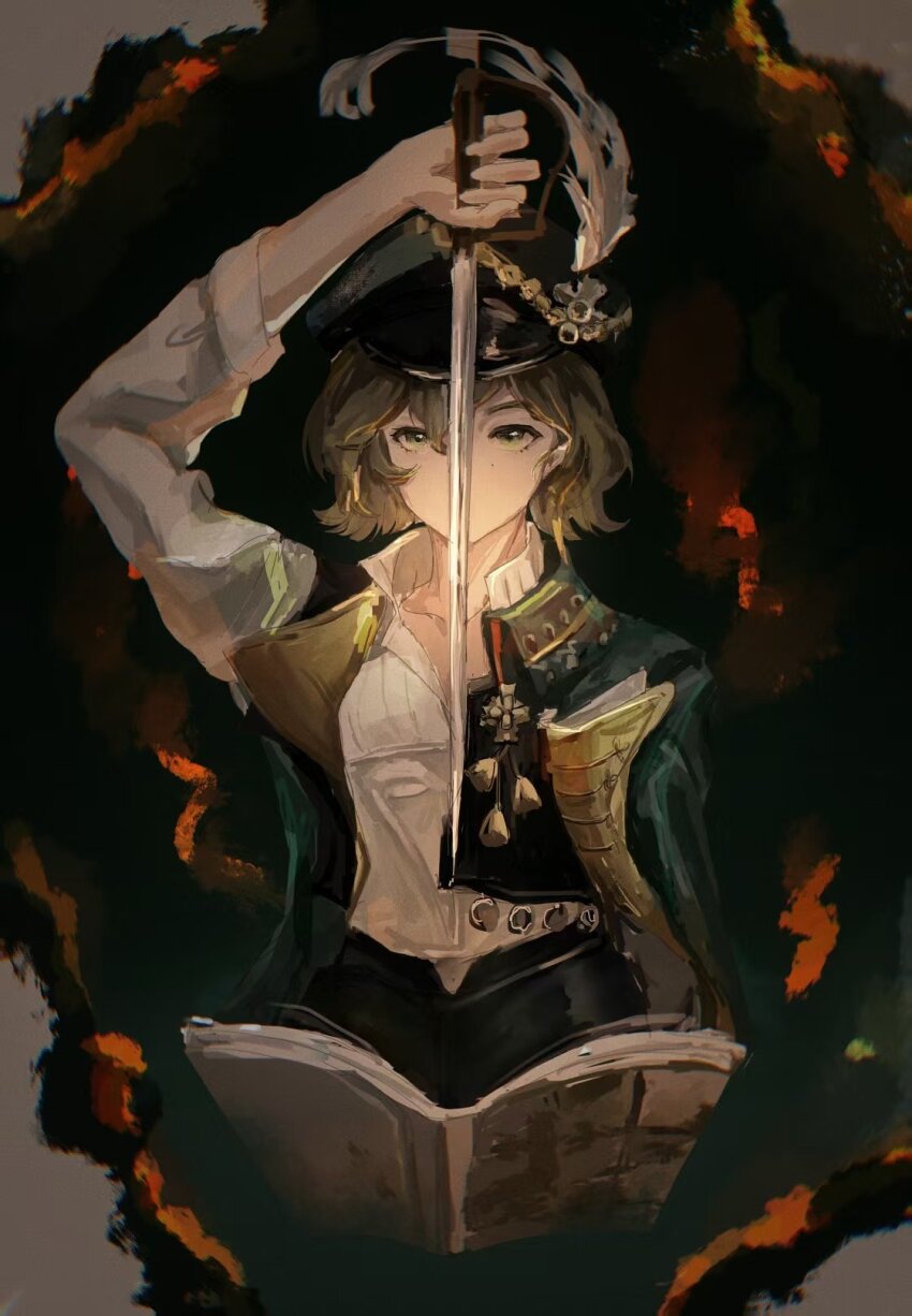1girl, arm_up, black_background, black_vest, book, brown_hair, cape, commentary, english_commentary, green_cape, green_eyes, green_hat, hat, hat_feather, highres, holding, holding_sword, holding_weapon, mole, mole_under_eye, newsboy_cap, open_book, recoleta_(reverse:1999), reverse:1999, san1tize2, shirt, short_hair, solo, sword, upper_body, vest, weapon, white_shirt