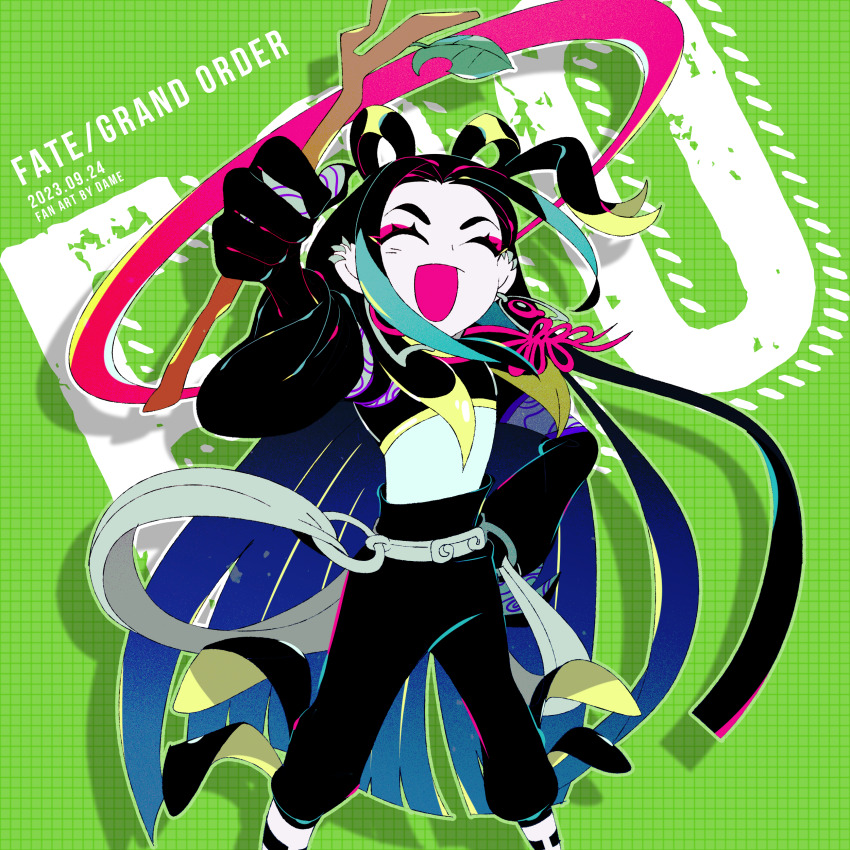 1boy, absurdres, black_hair, black_pants, closed_eyes, commentary_request, copyright_name, dame_(dame_ice)