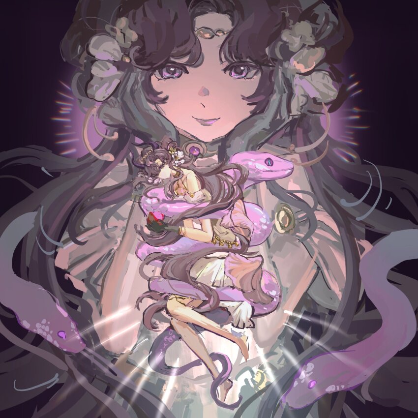 1girl, anjo_nala, anjo_nala_(forbidden_fruit), barefoot, black_background, black_hair, dress, gloves