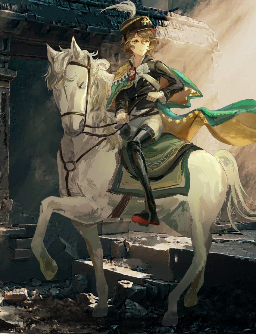 1girl, ascot, black_boots, black_hat, black_jacket, boots, brown_hair, cape