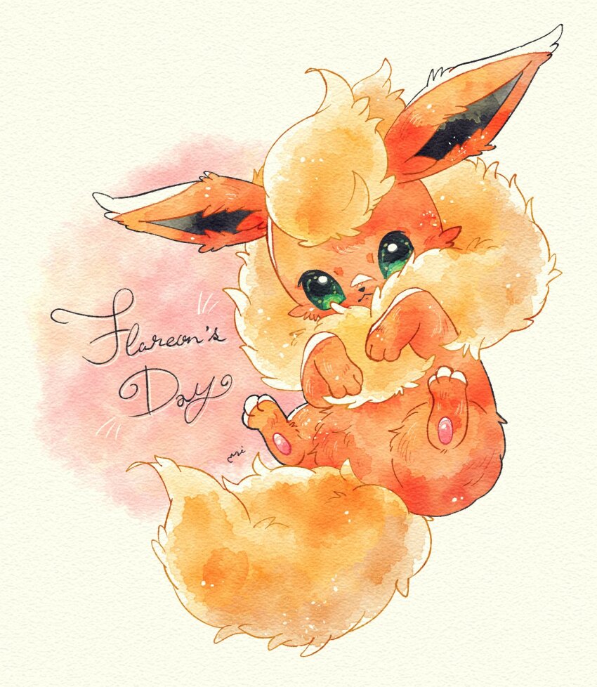 :<, animal_focus, closed_mouth, commentary, flareon, fluffy, full_body, gen_1_pokemon