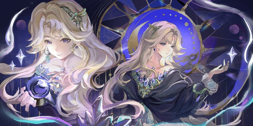 1girl, bare_shoulders, beryl_bouanich, black_cloak, blonde_hair, blue_background, blue_eyes, cloak