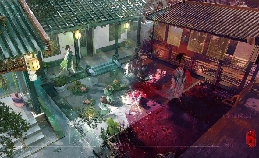 2boys, 3girls, age_difference, aged_down, aqua_coat, architecture, arms_up, arrow_(projectile), arrow_in_body, bamboo_slips, bare_tree, black_boots, black_hair, black_robe, blood, blood_splatter, bloody_weapon, boots, brown_hair, building, cape, child, chinese_clothes, chinese_commentary, closed_umbrella, coat, color_contrast, commentary_request, corpse, covered_eyes, curtains, dagger, daxiushan, east_asian_architecture, facing_away, flower, from_above, full_body, green_hanfu, green_robe, green_umbrella, hair_flower, hair_ornament, hanfu, highres, holding, holding_dagger, holding_knife, holding_scroll, holding_sword, holding_umbrella, holding_unworn_cape, holding_unworn_clothes, holding_weapon, hood, hood_up, hua_chen, hua_yi_shanxin_zhiyue, implied_murder, iyi3d, knife, lantern, lattice, leaf_hair_ornament, light_rays, lily_pad, lin_shan, long_hair, long_sleeves, looking_at_another, looking_at_object, lotus, mu_weishuang, multiple_boys, multiple_girls, no_eyes, oil-paper_umbrella, open_mouth, outdoors, pants, paper_lantern, parted_bangs, pillar, pink_flower, pink_hanfu, pink_robe, plant, ponytail, potted_plant, railing, red_cape, red_sky, ripples, robe, running, sample_watermark, scroll, seal_impression, see-through_curtains, shirt, sky, split_theme, stairs, standing, sword, the_prince_(hua_yi_shanxin_zhiyue), the_princess_(hua_yi_shanxin_zhiyue), thighhighs, tile_roof, tree, umbrella, unworn_cape, water_lily_flower, watermark, weapon, wet, white_hanfu, white_pants, white_robe, white_shirt, white_thighhighs, wide_sleeves