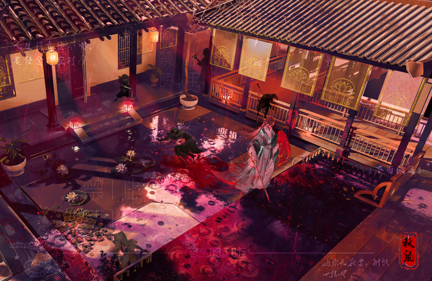 1boy, 4others, ambiguous_gender, aqua_coat, architecture, arrow_(projectile), arrow_in_body, assassin, bare_tree, black_robe, blood, blood_splatter, bloody_weapon, brown_hair, building, cape, chinese_clothes, chinese_commentary, coat, commentary_request, corpse, covered_eyes, dagger, daxiushan, east_asian_architecture, flower, from_above, full_body, hanfu, highres, holding, holding_dagger, holding_knife, holding_sword, holding_unworn_cape, holding_unworn_clothes, holding_weapon, hood, hood_up, hua_chen, hua_yi_shanxin_zhiyue, implied_murder, iyi3d, knife, lantern, lily_pad, long_hair, long_sleeves, looking_at_object, male_focus, multiple_others, outdoors, paper_lantern, pillar, pink_flower, plant, potted_plant, railing, red_cape, red_sky, red_theme, ripples, robe, sample_watermark, seal_impression, sky, standing, sword, tile_roof, tree, unworn_cape, water_lily_flower, watermark, weapon, white_hanfu, white_robe, wide_sleeves