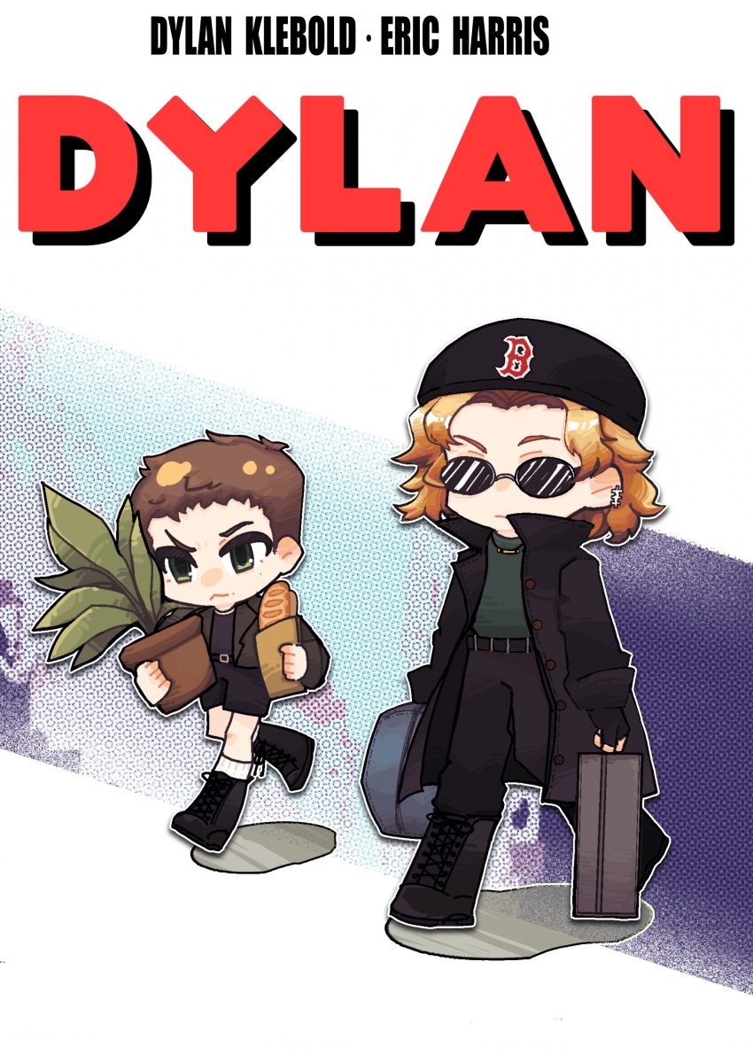 2boys, :3, a1binos1ug, absurdres, animification, antenna_hair, arms_at_sides, bag