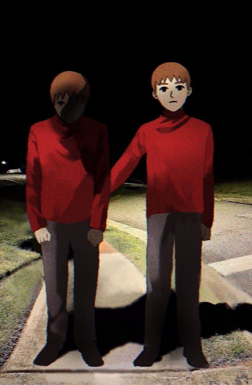 2boys, brown_hair, film_grain, grey_pants, highres, male_focus, meme, mii_(nintendo), multiple_boys, night, nintendo, pants, photo_background, red_shirt, road, shadow, shirt, tm_mingo1, why_dis_ninja_look_so_mad_(meme)
