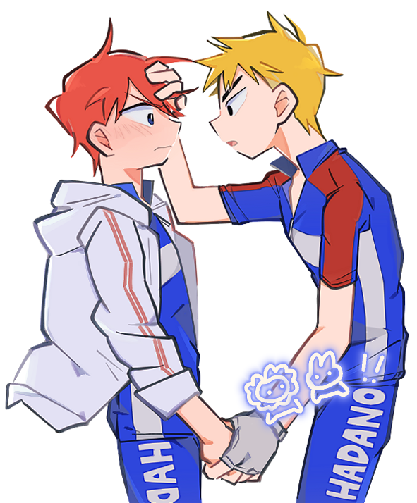 2boys, :o, aged_down, bike_jersey, bike_shorts, black_eyes, blonde_hair, blue_eyes