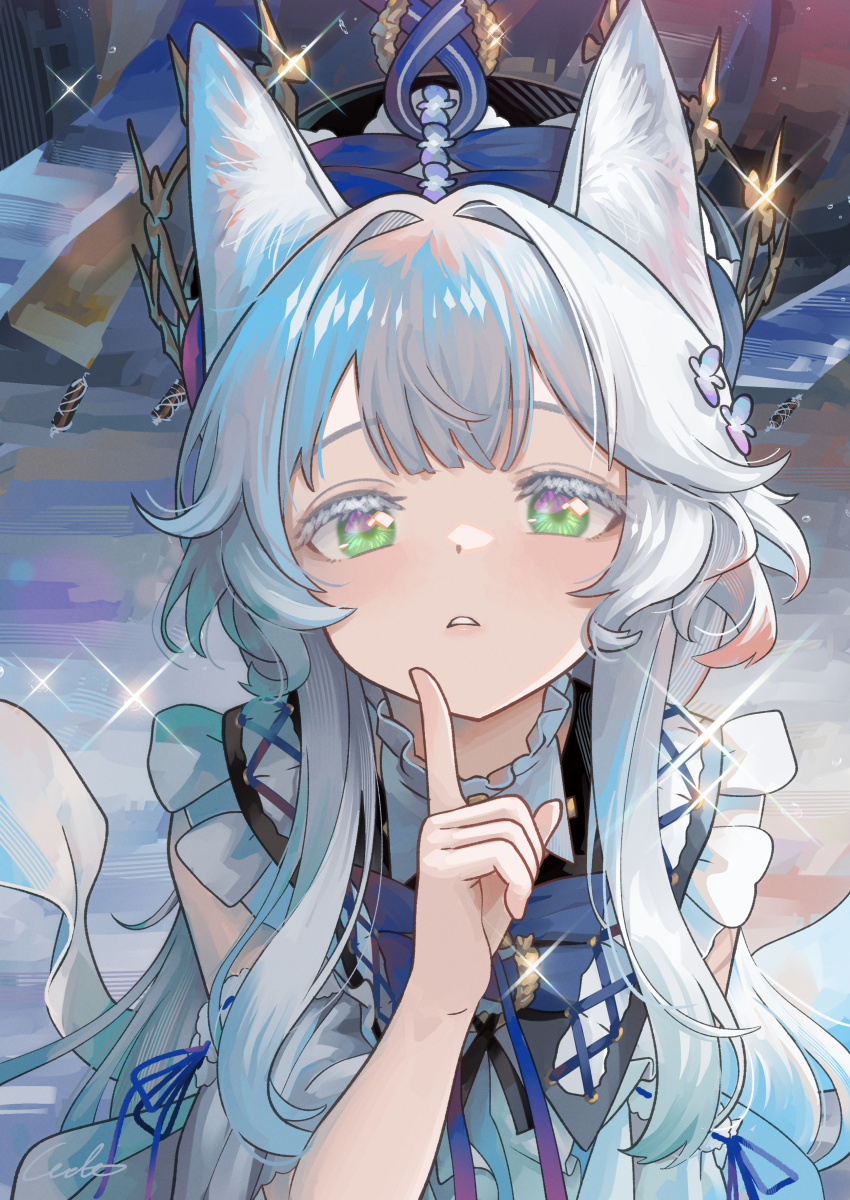 1girl, absurdres, animal_ears, arknights, cat_ears, cat_girl, commentary_request, dress, green_eyes, highres, long_hair, looking_at_viewer, official_alternate_costume, parted_lips, rosmontis_(an_airy_dream)_(arknights), rosmontis_(arknights), solo, straight-on, thick_eyelashes, welt_(kinsei_koutenkyoku)