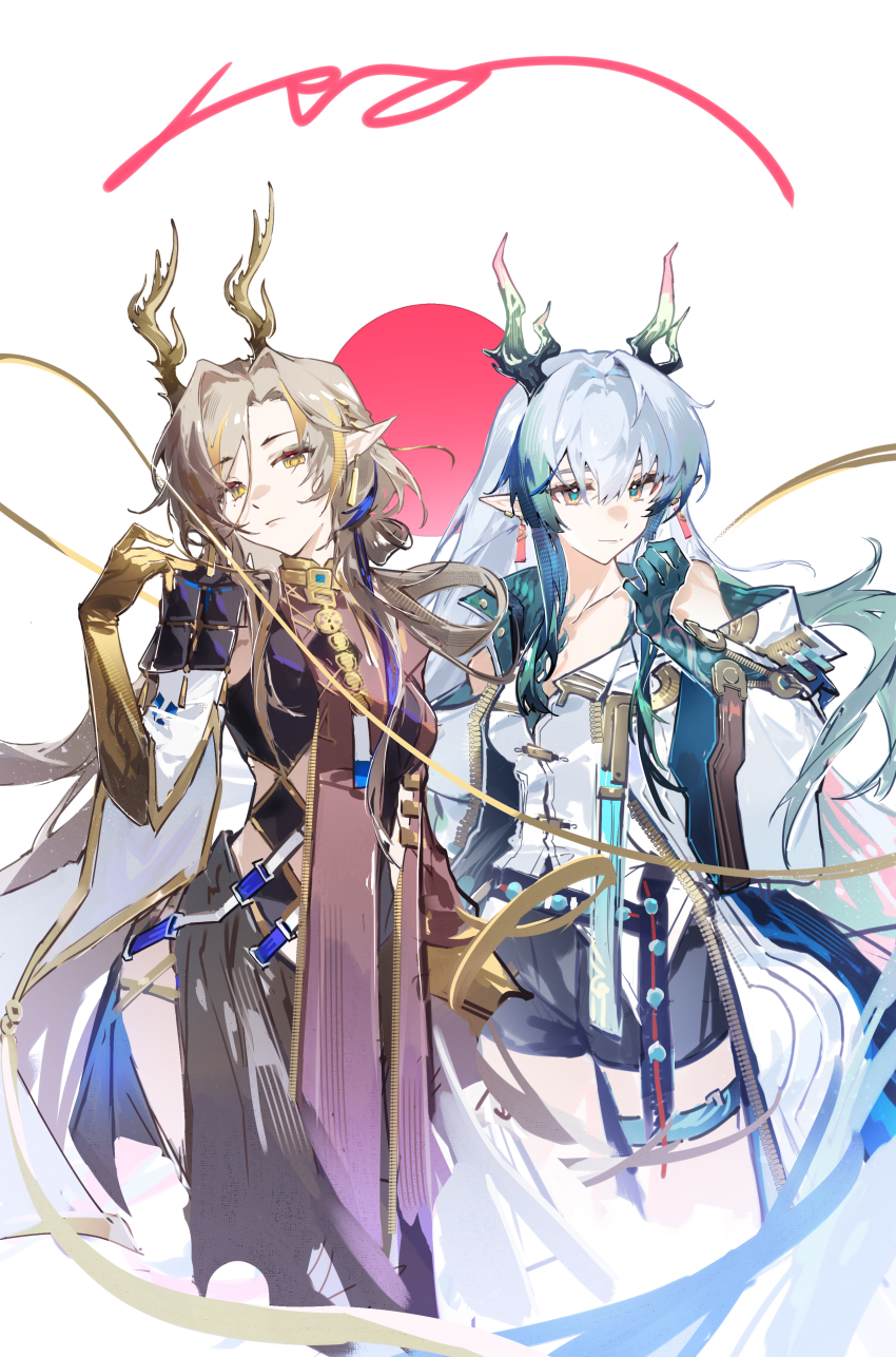 2girls, absurdres, arknights, black_shorts, blue_hair, blue_hands, blue_streaks, breasts