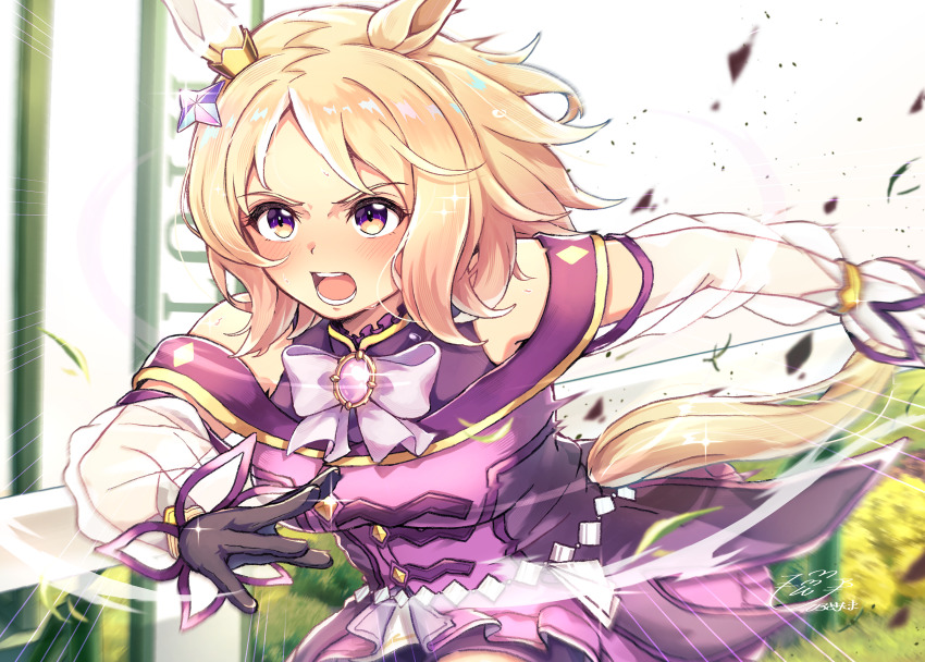 1girl, absurdres, animal_ears, asymmetrical_gloves, bare_shoulders, black_gloves, blonde_hair, blush, bow, breasts, comiket_107, commentary_request, dress, ear_covers, gem, gloves, highres, hiro5000_tama, horse_ears, horse_girl, horse_tail, large_breasts, long_sleeves, mismatched_gloves, narita_top_road_(the_proud_road)_(umamusume), narita_top_road_(umamusume), open_mouth, pink_bow, pink_gem, purple_dress, purple_eyes, purple_shorts, running, see-through_clothes, see-through_sleeves, short_hair, shorts, single_ear_cover, solo, tail, teeth, umamusume, white_gloves