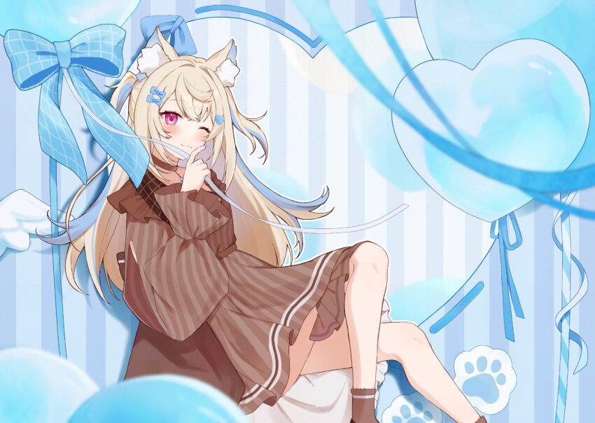 1girl, animal_ears, balloon, blonde_hair, blue_background, blue_hair, blush, brown_dress, commentary, dog_ears, dog_girl, dress, earrings, fuwawa_abyssgard, heart_balloon, hololive, hololive_english, jewelry, long_hair, multicolored_hair, one_eye_closed, pink_eyes, shirano_shino, sitting, smile, solo, streaked_hair, untranslatable_commentary, two-tone_hair, two_side_up, virtual_youtuber