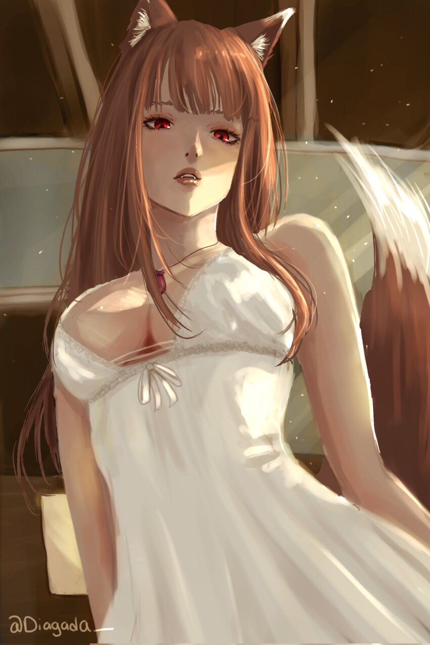 1girl, animal_ears, breasts, brown_hair, commentary, diagada, english_commentary, highres, holo, indoors, jewelry, large_breasts, lips, long_hair, looking_at_viewer, necklace, nightgown, parted_bangs, parted_lips, pouch, red_eyes, solo, spice_and_wolf, tail, twitter_username, upper_body, white_nightgown, wolf_ears, wolf_girl, wolf_tail