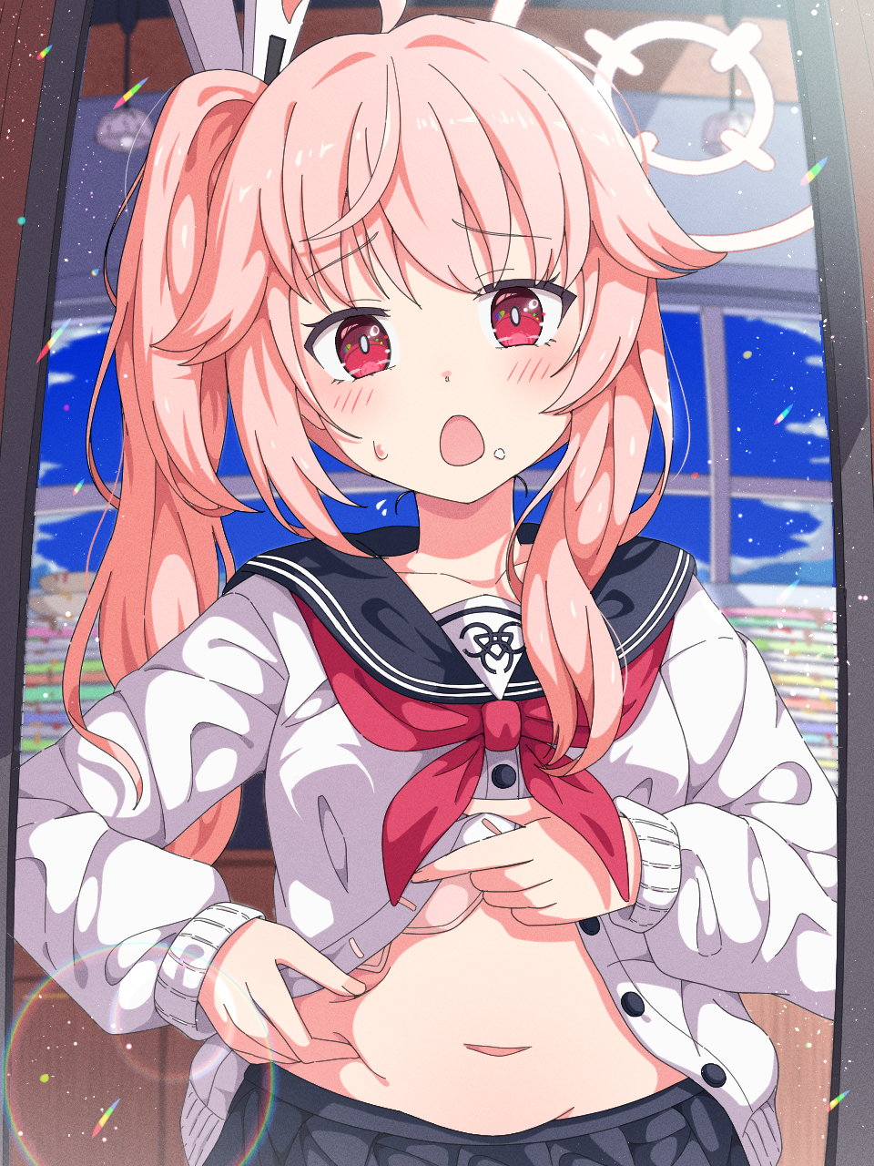 1girl, black_sailor_collar, black_skirt, blue_archive, clothes_lift, commentary_request, food, food_on_face