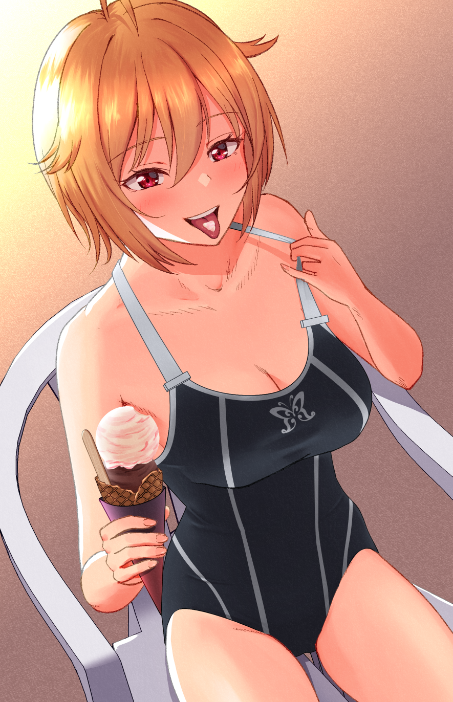 1girl, ahoge, animal_print, black_one-piece_swimsuit, blonde_hair, blush, breasts, butterfly_print, chair, cleavage, collarbone, commentary_request, competition_swimsuit, dot_nose, eyelashes, hair_between_eyes, hair_flaps, highres, holding, holding_ice_cream_cone, ibuki_tsubasa, ice_cream_cone, idolmaster, idolmaster_million_live!, idolmaster_million_live!_theater_days, large_breasts, looking_at_viewer, mingo_(min5san), official_alternate_costume, on_chair, one-piece_swimsuit, red_eyes, seductive_smile, sitting, smile, solo, strap_pull, swimsuit, teeth, tongue, tongue_out, upper_teeth_only, wave_makers!_(idolmaster)