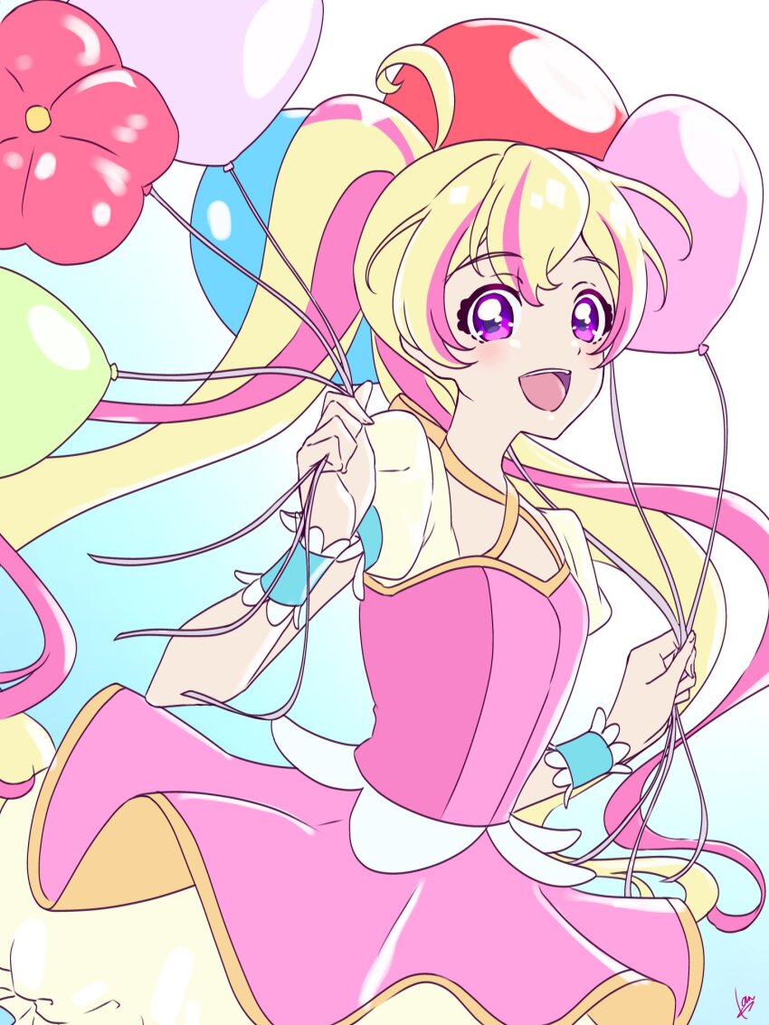 1girl, :d, aikatsu!_(series), aikatsu_planet!, balloon, blonde_hair, commentary_request, cowboy_shot