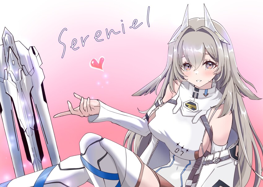 1girl, absurdres, animal_ears, bare_shoulders, blush, bodysuit, breasts, brown_hair, chaos_zero_nightmare, commentary_request, covered_navel, detached_sleeves, eno_(pixiv117801819), hair_between_eyes, heart, highres, horns, large_breasts, leg_armor, long_hair, looking_at_viewer, mechanical_horns, purple_eyes, sereniel_(chaos_zero_nightmare), sideboob, sidelocks, smile, solo, thighhighs, very_long_hair, white_bodysuit, white_sleeves