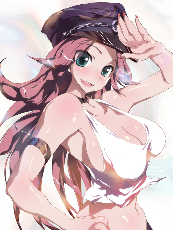 1girl, bad_anatomy, bad_hands, bad_id, bad_pixiv_id, bare_shoulders, blush, breasts, capcom, choker, cleavage, enomoto_hidehira, female_focus, final_fight, green_eyes, hat, large_breasts, long_hair, looking_at_viewer, midriff, nail_polish, navel, no_bra, open_mouth, peaked_cap, pink_hair, poison_(final_fight), profile, salute, shirt, sideboob, simple_background, smile, solo, tank_top