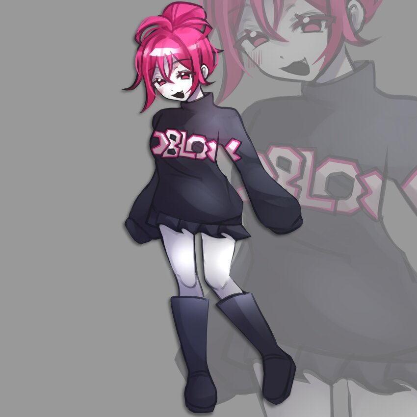 1girl, :3, absurdres, black_boots, black_skirt, black_sweater, blush_stickers, boots, breasts, colored_skin, commentary, copyright_name, fang, fang_out, full_body, grey_background, guest_(roblox), hair_between_eyes, high_ponytail, highres, himochuu, looking_at_viewer, miniskirt, multiple_views, open_mouth, pink_eyes, pink_hair, ponytail, roblox, short_hair, simple_background, skirt, sleeves_past_fingers, sleeves_past_wrists, small_breasts, sweater, untranslatable_commentary, white_skin