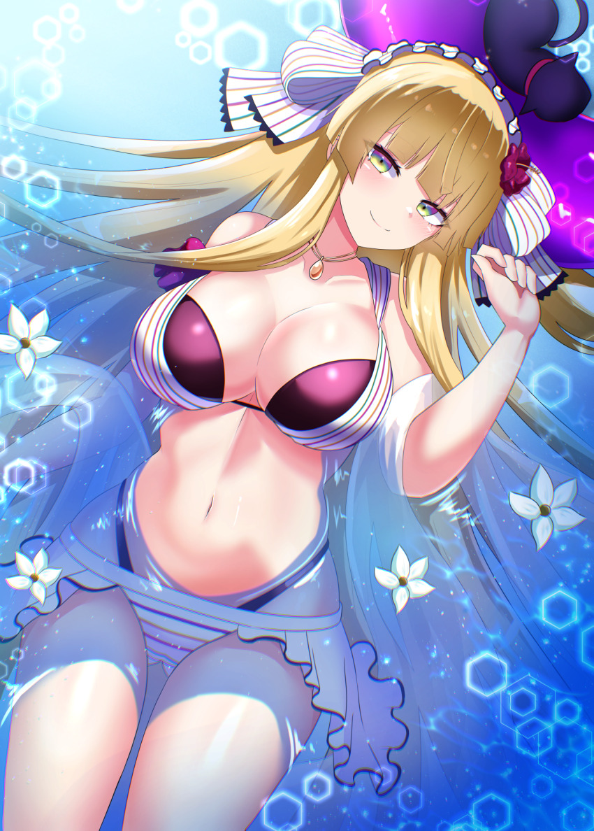 1girl, afloat, amamiya_kure, bare_shoulders, bemani, bikini, blonde_hair, blunt_bangs