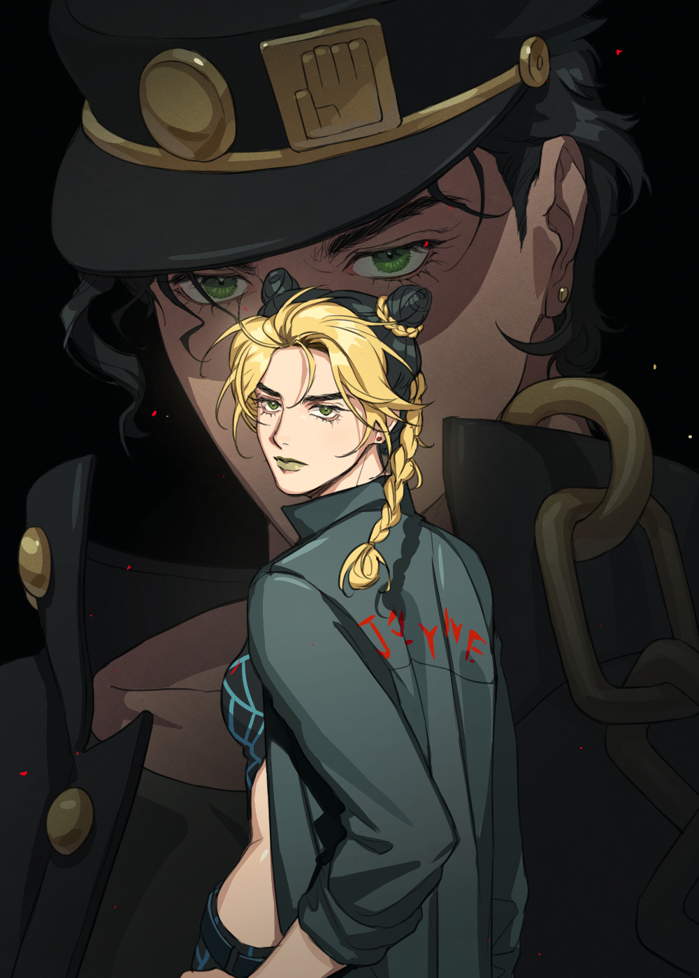 1boy, 1girl, black_hair, blonde_hair, braid, braided_bun, chain, coat