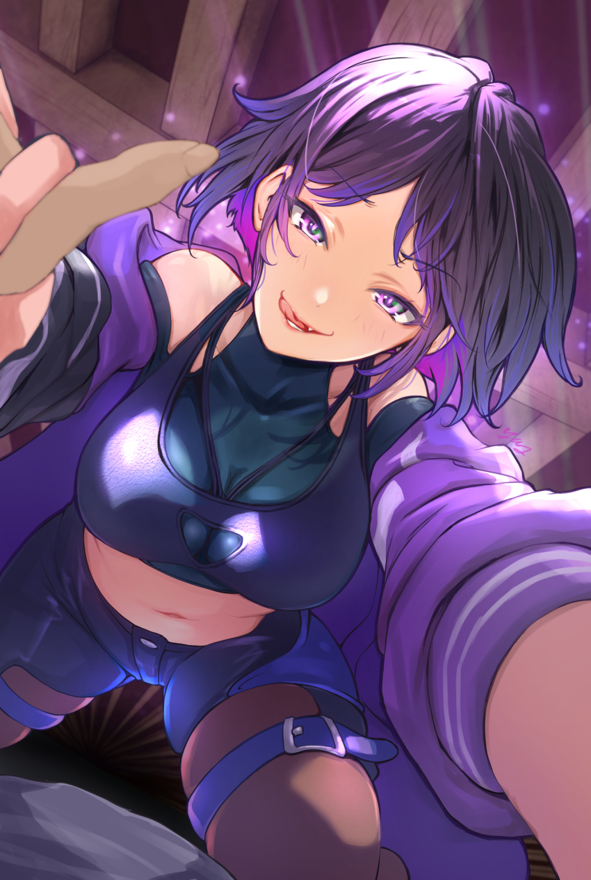 1girl, 1other, bare_shoulders, belt, between_breasts, black_bodystocking, black_bra, black_hair