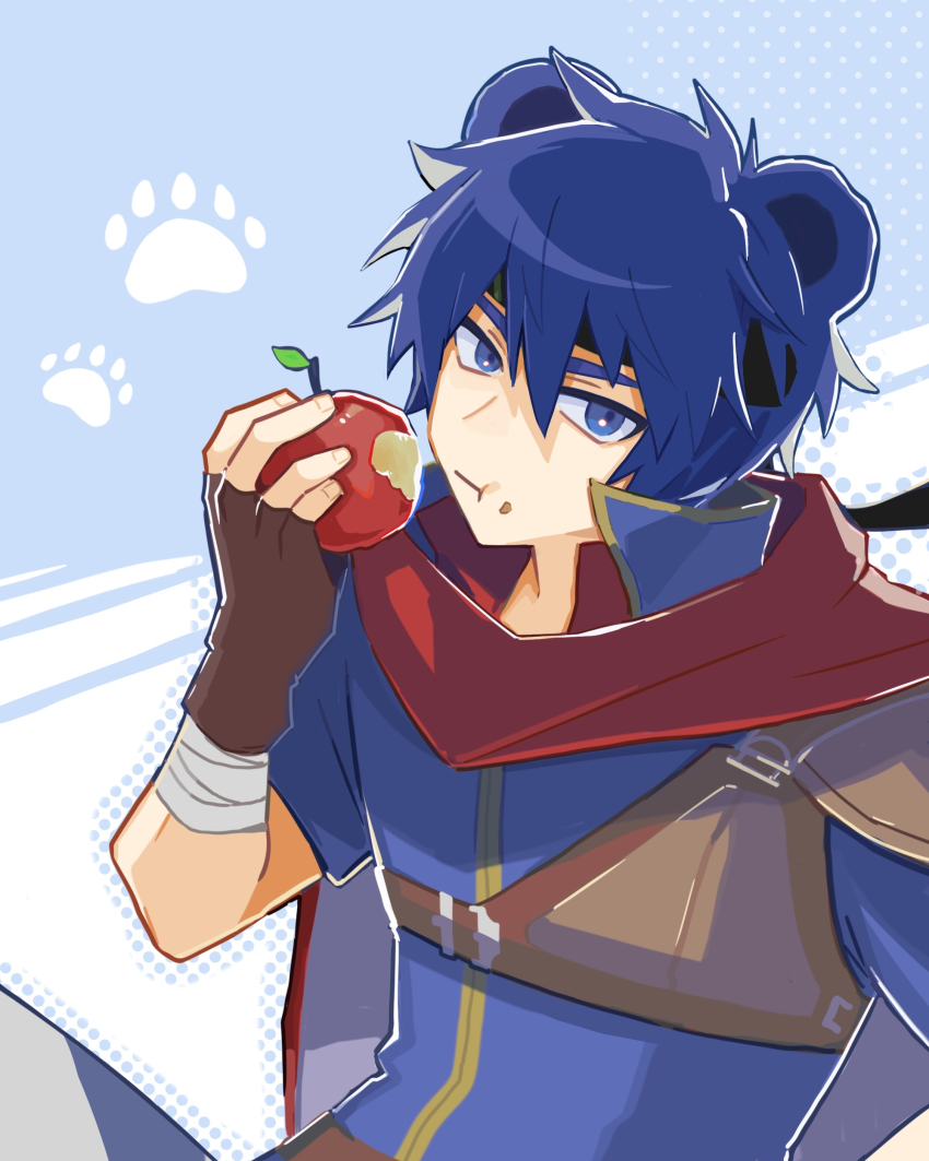 1boy, absurdres, animal_ears, apple, bear_ears, blue_eyes, blue_hair, commentary_request