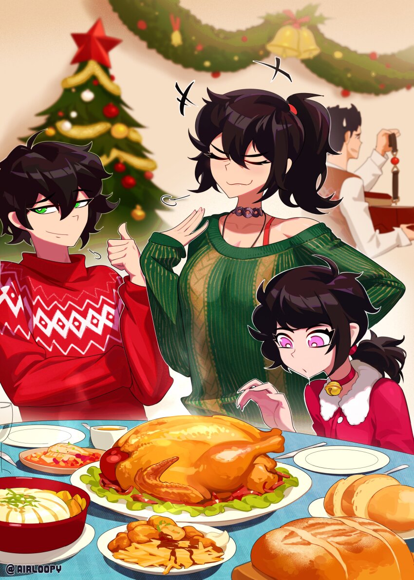 +++, 2boys, 2girls, :3, :d, absurdres, aierlaobo, andrew_graves, antenna_hair, ashley_graves, baguette, bell, blurry, blurry_background, bowl, box, bread, breasts, bright_pupils, brother_and_sister, brown_background, brown_sweater_vest, buttons, chicken_(food), choker, christmas, christmas_sweater, cleavage, closed_eyes, collarbone, collared_shirt, commentary, cup, double-parted_bangs, douglas_graves, drinking_glass, drooling, english_commentary, family, father_and_child, father_and_daughter, father_and_son, fingernails, food, french_fries, glass, green_eyes, green_sweater, hair_behind_ear, hair_between_eyes, hair_tie, half-closed_eyes, hand_on_own_arm, hand_up, high_ponytail, highres, holding, holding_box, holding_wristwatch, indoors, long_fingernails, long_sleeves, looking_at_food, looking_at_object, looking_down, low_ponytail, medium_breasts, medium_hair, mother_and_child, mother_and_daughter, mother_and_son, multiple_boys, multiple_girls, neck_bell, open_mouth, outline, parent_and_child, pink_eyes, plate, ponytail, puffy_long_sleeves, puffy_sleeves, purple_choker, red_choker, red_shirt, red_sweater, renee_graves, round_table, shirt, short_hair, siblings, simple_background, single_bare_shoulder, single_off_shoulder, sleeves_past_wrists, smile, steam, sweatdrop, sweater, sweater_vest, swept_bangs, table, tareme, the_coffin_of_andy_and_leyley, thumbs_up, tsurime, turkey_(food), turtleneck, turtleneck_sweater, twitter_username, u_u, upper_body, v-shaped_eyebrows, very_short_hair, watch, white_outline, white_pupils, white_shirt, wine_glass, wristwatch