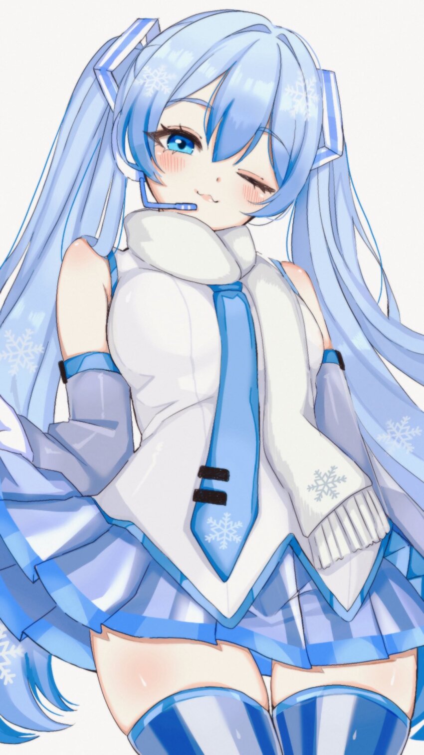 1girl, :3, armpit_crease, bare_shoulders, blue_eyes, blue_hair, blue_necktie, blue_skirt