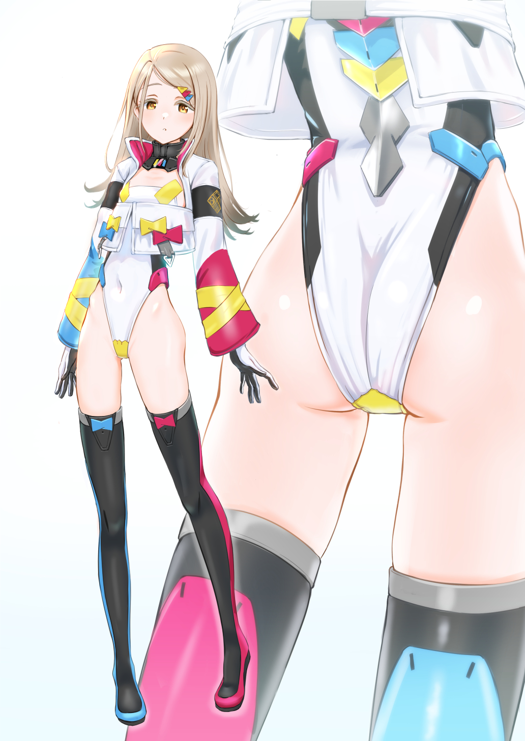 1girl, alice_gear_aegis, ass, black_thighhighs, blonde_hair, color_connection, colored_eyelashes, cosplay