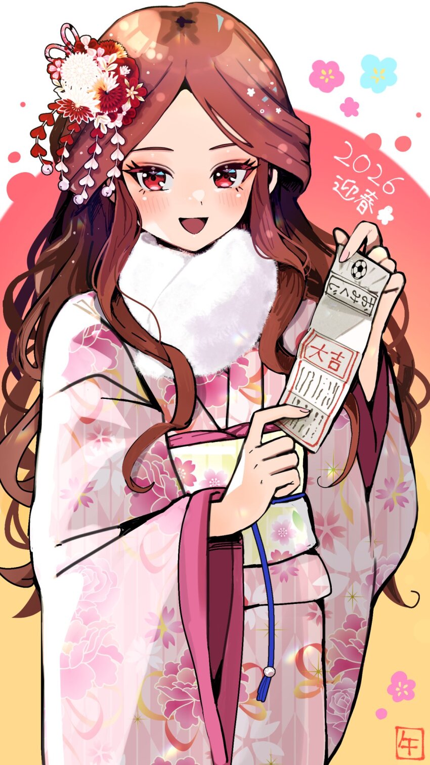 blush, brown_hair, inazuma_eleven_(series), japanese_clothes, kimono, long_hair, looking_at_viewer, mirina1219